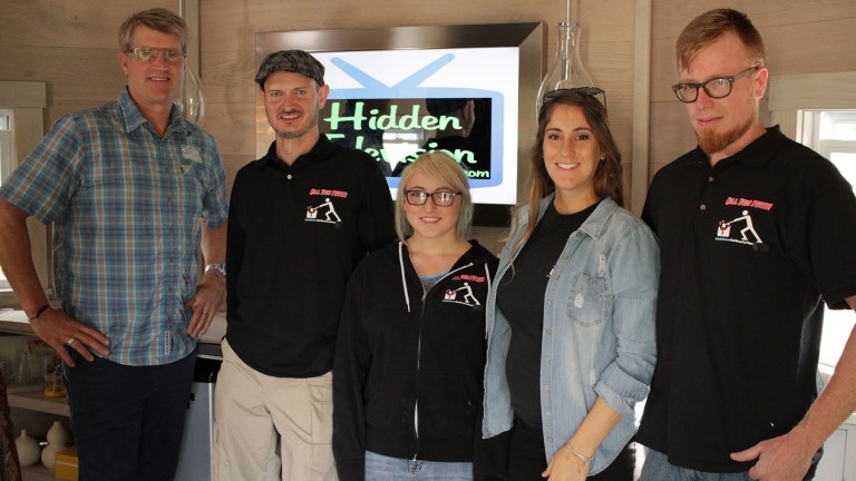 Treehouse Masters made their way to Findlay to revamp an old run-down tree house into an extravagant one, adding a hidden television mirror tv in the process Hidden Television Treehouse Masters Surprise